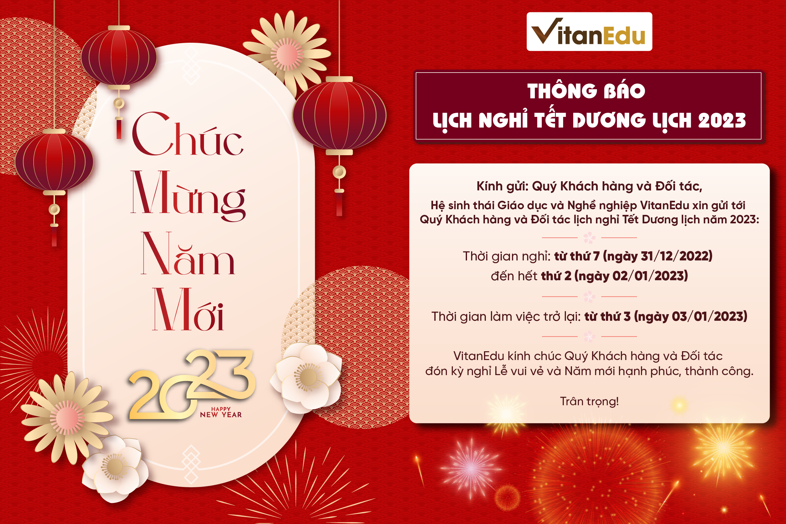 THÔNG BÁO LỊCH NGHỈ TẾT DƯƠNG LỊCH 2023 - Ảnh 1